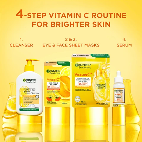 Image 3 - The image displays a vibrant yellow background showcasing four Garnier SkinActive Vitamin C skincare products: a pump bottle of cleanser, two sheet mask packets (an eye mask and a face mask), and a dropper bottle of serum, alongside lemon slices and beakers, with the visible text 4-STEP VITAMIN C ROUTINE FOR BRIGHTER SKIN, followed by step labels 1. CLEANSER, 2 & 3. EYE & FACE SHEET MASKS, and 4. SERUM, and product names Garnier SkinActive Brightening Vitamin C Cream Cleanser, Garnier SkinActive Vitamin C Brightening Eye Mask with 3% Vitamin C, Garnier SkinActive Vitamin C Brightening + Glow Boosting Serum Mask with 5% Vitamin C, and Garnier SkinActive Vitamin C Brightening Serum with 3.5% Vitamin C. Image 4 - The image displays a variety of Garnier SkinActive Vitamin C skincare products on a vibrant yellow reflective surface with decorative lemon slices and glass containers, featuring the text DISCOVER OUR FULL BRIGHTENING RANGE & COMPLETE YOUR ROUTINE, and including the products Garnier SkinActive Vitamin C* Brightening + Glow Boosting Serum Mask with NEW 50% PAPER-BASED SACHET, BIODEGRADABLE MASK BY HOME COMPOST***, 5% Vitamin C* + Niacinamide + Glycerin, INFUSED WITH THE QUANTITY OF 1 BOTTLE OF SERUM**, GARNIER Vitamin C* Brightening Day Cream, GARNIER SkinActive Vitamin C* Brightening Serum with 3.5% Vitamin C* + Niacinamide + Salicylic Acid, GARNIER SkinActive Vitamin C* Brightening Night Serum with 10% Pure Vitamin C, GARNIER Vitamin C* Eye Cream with 4% Vitamin Cg + Niacinamide + Caffeine + Banana Powder, GARNIER SkinActive Micellar Vitamin C* Cleansing Water, and Garnier SkinActive Vitamin C* Brightening Eye Mask with NEW 50% PAPER-BASED SACHET, BIODEGRADABLE MASK BY HOME COMPOST***, 3% Vitamin C + Hyaluronic Acid.