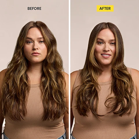 Image 1 - A woman with long wavy brown hair with blonde highlights is shown in a before-and-after comparison, with the left side showing her hair appearing a bit frizzy and her expression neutral, and the right side showing her hair looking smoother and shinier as she smiles, with the words BEFORE and AFTER displayed above each image respectively. Image 2 - A smiling woman with long dark hair holds a yellow and grey round hair styling brush, with text reading REDUCES FRIZZ, IONIC TECHNOLOGY, Helps to seal the cuticle for less frizz and tons of shine while styling. Image 3 - A yellow Drybar blow-dry brush with interchangeable heads is shown, highlighting its features: EXCEPTIONAL TENSION & CONTROL with nylon & tufted bristles, FASTER BLOWOUT with strategically placed vents, REDUCES FRIZZ, ADDS SHINE with Ionic Technology®, LIGHTWEIGHT ergonomic design for maximum comfort, CUSTOMIZED STYLING three temperature settings & a cool shot, and the brand name drybar. Image 4 - A three-panel image shows a woman with dark hair styled straight, with volume, and with defined curls, each accompanied by a yellow hair styling tool, along with the visible text THREE LOOKS, ONE TOOL, Smooth, straight finish, Tons of volume & shine, and Defined curls & waves. Image 5 - Three grey and yellow hair styling brush attachments are displayed below three styled strands of dark hair, labeled OVAL BRUSH, VENTED PADDLE BRUSH, and SMALL ROUND BRUSH.