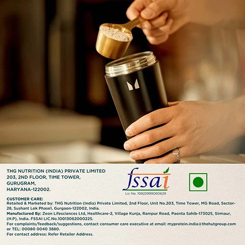Image 1 - A persons hands are shown, one holding a black shaker bottle and the other holding a golden scoop filled with powder over the bottle, with text below that reads THG NUTRITION (INDIA) PRIVATE LIMITED 203, 2ND FLOOR, TIME TOWER, GURUGRAM, HARYANA-122002. fssai Lic No. 10822999000629 (green square with green circle) CUSTOMER CARE: Retailed & Marketed by: THG Nutrition (India) Private Limited, 2nd Floor, Unit No.203, Time Tower, MG Road, Sector-28, Sushant Lok Phase1, Gurgaon-122002, India. Manufactured By: Zeon Lifesciences Ltd, Healthcare-2, Village Kunja, Rampur Road, Paonta Sahib-173025, Sirmaur, (H.P), India. FSSAI LIC.No.10013062000225. For complaints/feedback/suggestions, contact consumer care executive at email: myprotein.india@thehutgroup.com or TEL: 00080 0040 3880. For contact address: Refer Retailer Address. Image 2 - A gold measuring scoop filled with light protein powder next to a black shaker bottle, with some powder spilled on a light surface, followed by text: Premium Whey Protein Concentrate, Global Expertly Formulated in UK, V Vegetarian Suitable for Vegetarians, Empowering over 20 million customers worldwide. Image 3 - An infographic provides instructions to Authenticate your product IN 3 EASY STEPS, showing three phone screens illustrating the steps Locate & Scratch, Scan, and Enter & Verify, alongside a numbered list that reads: 1 Locate and scratch the STICKER at the back of the pack to reveal the UNIQUE CODE, 2 Scan the QR CODE for VERIFICATION, 3 Enter the 12 DIGIT CODE to confirm the AUTHENTICITY of your IMPACT Whey Protein, with a bag of Myprotein IMPACT Whey Protein To support an active lifestyle visible on the right.