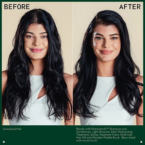 Image 2 - The image shows a before and after comparison of a womans hair: on the left, her dark, wavy hair appears dull and unwashed, and on the right, it is shiny, smooth, and voluminous; visible text includes BEFORE, AFTER, Unwashed Hair, and Results with Nutriplenish™ Shampoo and Conditioner: Light Moisture, Daily Moisturizing Treatment, Styling Treatment Foam, Multi-Use Hair Oil and Wooden Paddle Brush. Blow dried with round brush. Image 3 - The image features a dark green background with a central circle displaying abstract swirls of red, amber, and gold viscous liquids, alongside text that reads SUPERFOOD COMPLEX, Lorem ipsum, POMEGRANATE SEED OIL, COCONUT OIL, MANGO BUTTER, and Hydrates and replenishes dry, depleted hair. Image 4 - A persons hand holds a coral-colored Aveda nutriplenish shampoo bottle, from which product is being dispensed into another open hand, with the text Aveda nutriplenish. shampoo shampooining plant-powered hydration and CLEANSES AND REPLENISHES DRY HAIR visible. Image 5 - A hand holds a pink Aveda Nutriplenish conditioner bottle labeled nutri plenish conditioner nutrient-powered hydration light moisture 8.5 fl oz / 250 ml against a dark background, with white text on the right that reads CONDITIONS AND REPLENISHES DRY HAIR. Image 6 - The image displays three white certification logos against a dark green leaf background: a 100% Vegan badge with a V symbol, the Certified B Corporation logo, and the Cruelty Free International Leaping Bunny logo.