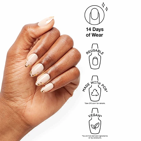 Image 1 - A persons hand shows manicured beige nails with gold flakes, next to icons and text stating product features: 14 Days of Wear, REUSABLE, MADE WITH PCR*, *See OPI.com for details., VEGAN*, *No animal-derived ingredients or by-products. Image 2 - A four-step infographic for applying press-on nails, showing icons for fitting, shaping, prepping, and gluing nails, with the text GET PRESSED UP, 1 FIT Find your perfect size, 2 SHAPE Option to do hue with custom tips, 3 PREP Buff and file natural nail, 4 XPRESS Glue, press, and hold to dry.