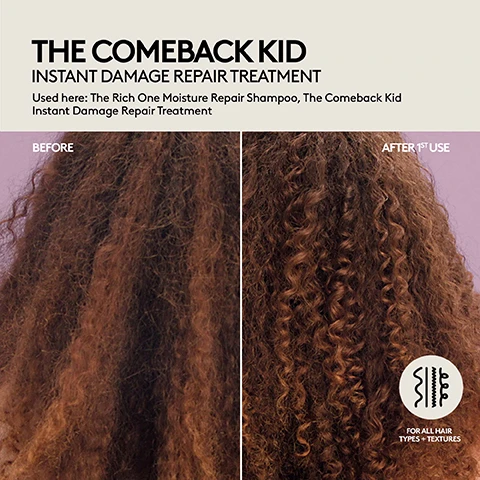 Image 1 - The image displays a before and after comparison of brown, curly hair, with the left side showing frizzy, less defined curls and the right side showing moisturized, defined curls, along with text that reads The Comeback Kid Instant Damage Repair Treatment, Used here: The Rich One Moisture Repair Shampoo, The Comeback Kid Instant Damage Repair Treatment, Before, After 1st Use, and an icon with text For All Hair Types + Textures. Image 2 - A split image shows the back of a persons head with curly hair, the left side labeled BEFORE shows darker, less defined curls, and the right side labeled AFTER 1ST USE shows lighter, more defined, bouncier curls, with additional text stating THE HOMECURL CURL-DEFINING CREAM, Used here: The Rich One Moisture Repair Shampoo, The Rich One Moisture Repair Conditioner, The Homecurl Curl-Defining Cream, and FOR ALL CURL TYPES + TEXTURES next to a coiled spring icon.