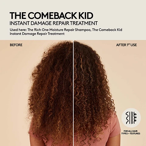 Image 1 - A before-and-after comparison of a persons curly brown hair, showing the left side as frizzy and undefined and the right side as more hydrated and defined, with text that reads THE COMEBACK KID INSTANT DAMAGE REPAIR TREATMENT Used here: The Rich One Moisture Repair Shampoo, The Comeback Kid Instant Damage Repair Treatment BEFORE AFTER 1ST USE FOR ALL HAIR TYPES + TEXTURES. Image 2 - The image displays a before-and-after comparison of dark hair, with the left side showing frizzy curls and the right side showing smoother, wavier hair, accompanied by the text THE PROTECTIVE TYPE 5-IN-1 HEAT PROTECTANT STYLER Used in before: The Rich One Moisture Repair Shampoo, The Richer One Moisture Repair Deep Conditioner; in after: The Protective Type 5-in-1 Heat Protectant Styler BEFORE AFTER 1ST USE and a graphic with text FOR ALL HAIR TYPES + TEXTURES.