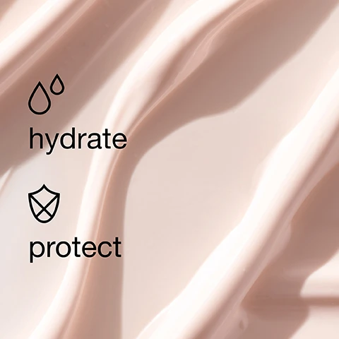 Image 2 - Close-up of a light cream with wavy texture showing a droplet icon and the text hydrate, and a wavy line icon with the text depuff.