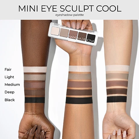 Image 2 - Three arms of varying skin tones display swatches of five cool-toned eyeshadow shades from an eyeshadow palette held in the center hand, with visible text MINI EYE SCULPT COOL eyeshadow palette, NATASHA DENONA, Fair, Light, Medium, Deep, Black. Image 4 - The image is a two-panel comparison showing different types of hooded eyelids; the top panel shows a persons blue eyes, with the left eye bare and the right eye with dark eyeshadow, labeled HOODED EYELIDS; the bottom panel shows a persons brown eyes with mature skin, with the left eye bare and the right eye with light brown eyeshadow, labeled MATURE HOODED EYELIDS. Image 5 - The image displays two rows, each demonstrating eye makeup on different eye types, with a vertical split showing an eye without makeup on the left and an eye with dark eyeshadow on the right, with the text SMALL EYES above the top row and DEEP SET EYES above the bottom row.