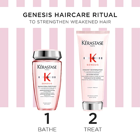 Image 1 - The image shows two pink Kérastase Genesis hair products, a shampoo bottle and a conditioner tube, against a white background with pink vertical stripes, displaying the text GENESIS HAIRCARE RITUAL TO STRENGTHEN WEAKENED HAIR, KÉRASTASE PARIS K GENESIS BAIN HYDRA-FORTIFIANT CELLULES NATIVES DEDELWEISS + RACINE DE GINGEMBRE Shampooing fortifiant anti-chute Cheveux affaiblis, tendance à tomber par la casse Anti hair-fall fortifying shampoo Weakened hair, prone to falling due to breakage RECHERCHE AVANCÉE 250 ml 8.5 fl.oz. 1 BATHE, and KÉRASTASE PARIS K GENESIS FONDANT RENFORÇATEUR CELLULES NATIVES DEDELWEISS + RACINE DE GINGEMBRE Soin fortifiant anti-chute Cheveux affaiblis, tendance à tomber par la casse Fortifying anti hair-fall conditioner Weakened hair, prone to falling due to breakage À RINCER - RINSE-OUT RECHERCHE AVANCÉE 200 ml 6.8 fl.oz. 2 TREAT. Image 2 - A white gift box with pink and black stripes and a Kérastase Paris logo is displayed, surrounded by text including CONSCIOUSLY MADE at the top, SPRING COFFRET GENESIS at the bottom, and details on the right: 89% Box made of 89% recycled fibers, Recyclable Packaging, and FSC.