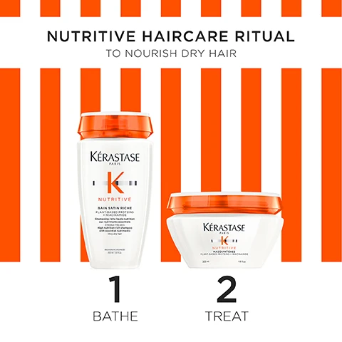 Image 1 - A Kérastase Nutritive Haircare Ritual display features a shampoo bottle and a hair mask jar against a white and orange striped background, with visible text including Nutritive Haircare Ritual To Nourish Dry Hair, Kérastase Paris, K Nutritive Bain Satin Riche Plant-Based Proteins + Niacinamide Shampoing riche haute nutrition aux nutriments essentiels Cheveux très secs High nutrition rich shampoo with essential nutriments Very dry hair Recherche Avancée 250 ml 8.5 fl.oz. 1 Bathe, and Kérastase Paris K Nutritive Masquintense Plant-Based Proteins + Niacinamide 200 ml 6.8 fl.oz. 2 Treat. Image 2 - The image shows a white rectangular product box with orange and black vertical stripes, featuring a prominent central white band and several sustainability icons positioned to its right, with the following visible text: CONSCIOUSLY MADE, KÉRASTASE PARIS, KÉRASTASE PARIS, Box made of 89% recycled fibers, Recyclable Packaging, FSC, SPRING COFFRET NUTRITIVE.