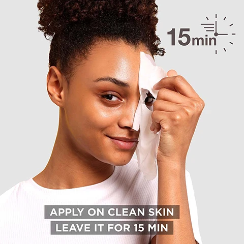 Image 2 - A smiling young woman holds a white sheet mask to the left side of her face, with text indicating 15min, APPLY ON CLEAN SKIN, and LEAVE IT FOR 15 MIN. Image 3 - A light blue Garnier SkinActive Moisture Bomb Sheet Mask package featuring a pomegranate design with a water splash and an illustration of a serum bottle is displayed against a light blue background, with accompanying visible text that reads SUPER HYDRATING REPLUMPS WITH MOISTURE, Garnier SkinActive, MOISTURE BOMB Sheet Mask, SUPER HYDRATING + REPLUMPING, HYALURONIC ACID + POMEGRANATE, DEHYDRATED SKIN, INFUSED WITH THE QUANTITY OF 1 BOTTLE OF SERUM*, VEGAN FORMULA, MATTIFIES, 15min, DERMATOLOGICALLY TESTED, INFUSED WITH THE QUANTITY OF 1 BOTTLE OF SERUM*, HYALURONIC ACID + POMEGRANATE, and *Based on the amount of a 28ml serum. Image 4 - The image displays a yellow Garnier SkinActive Vitamin C Brightening + Glow Boosting Serum Mask package with text on a yellow background about product benefits and claims: TESTED BRIGHTENING POWER OF OUR SERUM SHEET MASK, AFTER 1 USE skin feels intensely rehydrated and smoother* *Consumer test - 116 women and 33 men, VISIBLE RESULTS skin complexion looks more even and brighter, signs of tiredness appear reduced* *Consumer test - 116 women and 33 men - 3 applications per week, NEW 50% PAPER-BASED SACHET, BIODEGRADABLE MASK BY HOME COMPOST**, GARNIER SKINACTIVE, Vitamin C+, BRIGHTENING + GLOW BOOSTING SERUM MASK, 5%, BRIGHTENS SKIN IN 1 USE DERMATOLOGICALLY TESTED, DULL & UNEVEN SKIN, 15min, INFUSED WITH 1 BOTTLE OF SERUM*, VEGAN FORMULA** X1 SHEET MASK. Image 6 - A white sheet mask is partially visible on a pink background with water droplets, displaying the text: AFTER ONE MASK (15) SKIN FEELS SMOOTH SKIN FEELS REPLUMPED SKIN LOOKS RADIANT Customer test - 54 women - 3 applications per week *After 4 weeks. Image 7 - A woman with freckles on her face smiles while holding a Garnier Skinactive Hyaluronic Cryo Jelly sheet mask package, which features cucumber slices and ice cubes, and touching her cheek, with text on the package reading BIODEGRADABLE MASK BY HOME COMPOST, GARNIER SKINACTIVE, HYALURONIC CRYO JELLY, ANTI-FATIGUE Jelly Sheet Mask, 4% GLYCERIN + HYALURONIC ACID + MENTHOL, TIRED SKIN, -7°C SKIN COOLING*, VEGAN FORMULA™, X1 SHEET MASK, *after 15min, and a green banner at the bottom stating VISIBLY FIRMS SKIN BY +18%. Image 8 - A smiling woman with clear eye patches under her eyes holds a package labeled Garnier SkinActive Hyaluronic CryoJelly Anti-Fatigue Jelly Eye Patches with -7°C Cooling, while the image also features text that reads REFRESH TIRED EYES WITH -7°C CRYO SKIN COOLING* and a disclaimer *based on instrumental test immediately after mask removal, 30 women. Image 9 - A side-by-side comparison of a white regular tissue mask and a translucent cryojelly mask with water droplets on a light green background, with visible text that reads Regular Tissue Mask, Cryojelly Mask, and Discover the New Jellified Tissue.