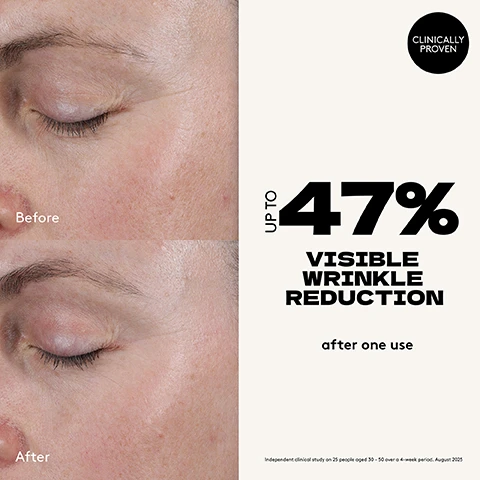 Image 1 - A split image shows a persons closed eye and cheek area, with the top half labeled Before displaying more visible wrinkles and the bottom half labeled After showing smoother skin with fewer wrinkles, accompanied by text that reads CLINICALLY PROVEN UP TO 47% VISIBLE WRINKLE REDUCTION after one use, and at the bottom Independent clinical study on 25 people aged 30 - 50 over a 4-week period. August 2023. Image 2 - A smiling woman applies a grey device with a blue light, labeled MAGNETONE LONDON, to her cheek; the image also displays the text 92% said their skin looked MORE LUMINOUS AND RADIANT in just 1 week, and Independent clinical study on 25 people aged 30 - 50 over a 4-week period, August 2025. Image 3 - A hand holds a grey, round device emitting red light towards a womans cheek and nose, with the text 81% reported their face looked MORE CONTOURED after 4 weeks Independent clinical study on 25 people aged 30 - 50 over a 4-week period, August 2025. Image 4 - A persons hand holds a grey Magnitone London device to their cheek with visible gel, while a silver chain earring hangs from their ear, with overlay text that reads Up to 30% Increased Elasticity on face and neck and Independent clinical study on 25 people aged 30 - 50 over a 4-week period, August 2025. Image 5 - A grey device with a finger ring and text MAGNI LONDON is shown on the right, next to a list of five benefits on a red background, each with an icon: Reduces the appearance of visible wrinkles, Boosts collagen for firmer, bouncier skin, Depuffs and sculpts for a lifted look, Boosts circulation for instant radiance, Minimises the look of pores. Image 6 - A white skincare device with blue light at the top and red light at the bottom is shown next to a list of features: Adjustable Microcurrent with 3 intensity levels, Red Light stimulates collagen and firms skin, Near Infrared penetrates deeper to improve elasticity, Blue Light targets blemish-prone skin, Soothing Heat Massage reduces puffiness, aids detoxification, and boosts product absorption. Image 7 - A womans face is illuminated by red light from a small, round, white skincare device she holds near her temple, with text reading 73% said PORES APPEAR LESS VISIBLE after 4 weeks and Independent clinical study on 25 people aged 30 - 50 over a 4-week period, August 2025.