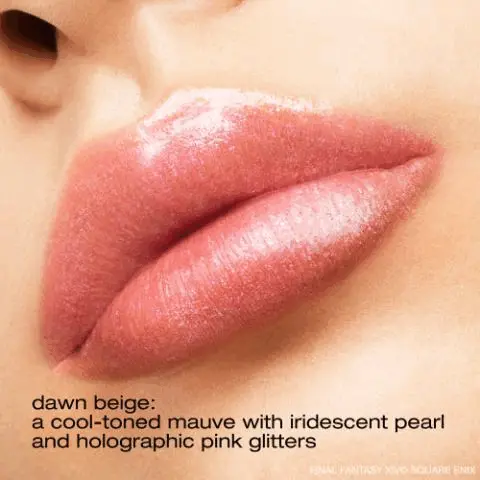 Image GIF1 - A close-up of a persons lips coated in a shimmery, glittery, pink-mauve lip gloss, with iridescent pearl and holographic pink glitters visible on the lips. Text reads: dawn beige: a cool-toned mauve with iridescent pearl and holographic pink glitters FINAL FANTASY XIV© SQUARE ENIX. Image GIF2 - Four cosmetic lipsticks are arranged on a sparkling rose gold background; one closed tube has a blue glowing character outline, while three open tubes display a patterned peach-pink stick, a shimmery coral stick, and a shimmery light pink stick, each also featuring a blue glowing character outline on its case; visible text reads three mystical shades to enchant your lips, shu uemura FINAL FANTASY XIV ONLINE, and FINAL FANTASY XIV © SQUARE ENIX. Image GIF3 - A portrait of a person with short dark hair, shimmering teal eyeshadow, and glossy pink lips wearing a black collared jacket against a blue starry background, displays the text lilac crystal gear set, EYE kupo! crystal palette, crushed gem kupo! purple, LIP kinu care nudes gleam dawn beige, FINAL FANTASY XIV© SQUARE ENIX. Image GIF4 - A collection of Shu Uemura x Final Fantasy XIV beauty products including a black pump bottle with a blue Mog character, a pink glitter lipstick, eyeshadow palettes, and a black case with a large blue crystal design, displayed on a glowing blue background, with text discover the full collection, shu uemura, FINAL FANTASY XIV ONLINE, and FINAL FANTASY XIV©SQUARE ENIX.