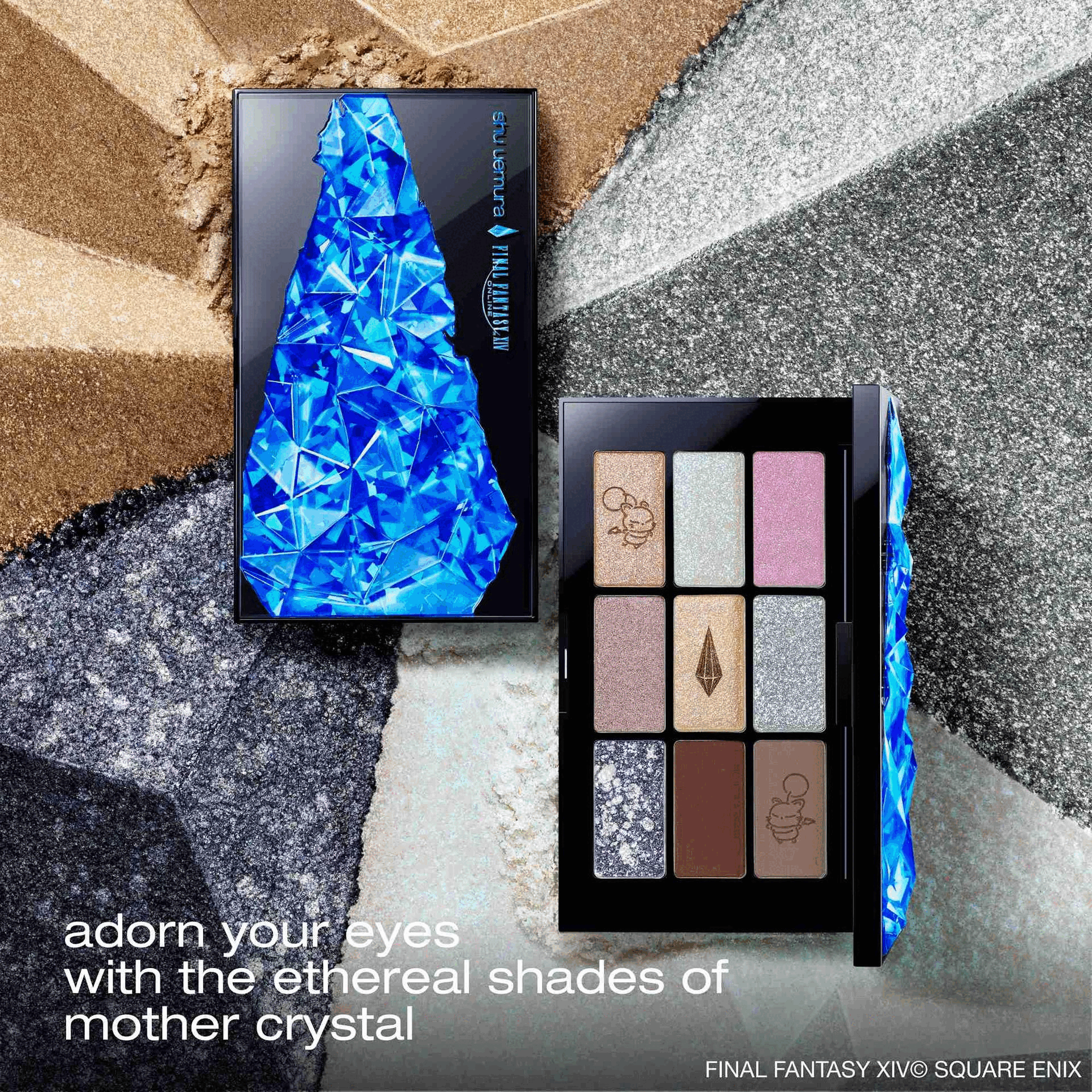 Image GIF1 - A flat lay image shows two black eyeshadow palettes on a glittery background of gold, silver, and black eyeshadow, with the closed palette displaying a blue crystal design and the words shu uemura, FINAL FANTASY XIV ONLINE, while the open palette reveals eight eyeshadow pans in shades of pink, silver, gold, brown, and blue, some with Chocobo and crystal designs, accompanied by the text adorn your eyes with the ethereal shades of mother crystal and FINAL FANTASY XIV© SQUARE ENIX. Image GIF2 - Close-up of an eye with colorful eyeshadow applied, marked with dashed lines and letters A, B, C, D to indicate application areas, alongside two eyeshadow palettes with various shades, also labeled with A, B, C, D, with the text FINAL FANTASY XIV© SQUARE ENIX. Image GIF3 - A person with dark hair and bangs and wearing a black garment is shown from the chest up, with light teal eyeshadow and shiny nude-pink lip gloss, set against a blue starry background, with overlaid text that reads lilac crystal gear set, eye kupo! crystal palette, crushed gem kupo! purple, lip kinu care nudes gleam dawn beige, FINAL FANTASY XIV© SQUARE ENIX. Image GIF4 - A Shu Uemura x Final Fantasy XIV makeup collection is displayed, featuring a black pump bottle, lipstick, and eyeshadow palettes with glowing blue character art and crystal designs, set against a dark blue background with light streaks, and includes the text discover the full collection, shu uemura, FINAL FANTASY XIV ONLINE, FINAL FANTASY XIV©SQUARE ENIX.