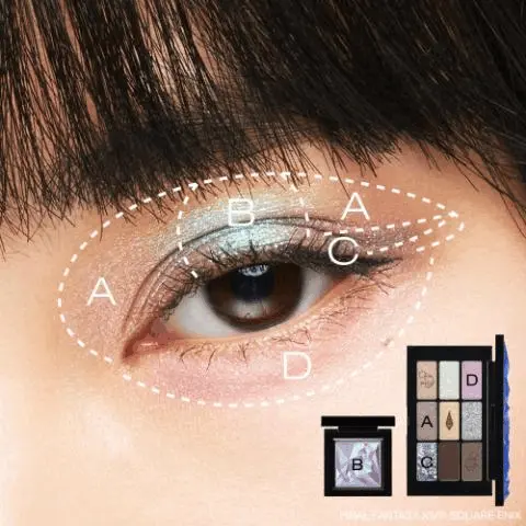 Image GIF1 - A close-up shows an eye with shimmering blue, green, and pink eyeshadow, marked with white dotted application guides labeled A, B, C, D, next to a small eyeshadow pan labeled B and a larger eyeshadow palette with sections labeled A and D, with FINAL FANTASY XIV SQUARE ENIX at the bottom. Image GIF2 - A person with dark hair and bangs wears light blue eyeshadow and glossy pink lips, against a blue background with light streaks, accompanied by the text: lilac crystal gear set, eye kupo! crystal palette, crushed gem kupo! purple, lip kinu care nudes gleam dawn beige, and FINAL FANTASY XIV© SQUARE ENIX. Image GIF3 - A collection of Shu Uemura x Final Fantasy XIV cosmetic products are displayed on a dark blue background with glowing blue lines, including a large black pump bottle with a blue character design, a small black compact with pink shimmer, an open shimmery pink lipstick, a small black bottle, and an eyeshadow palette with light brown, pink, and silver glitter shades alongside a blue crystal graphic, accompanied by the text discover the full collection, shu uemura, FINAL FANTASY XIV ONLINE, and FINAL FANTASY XIV©SQUARE ENIX.