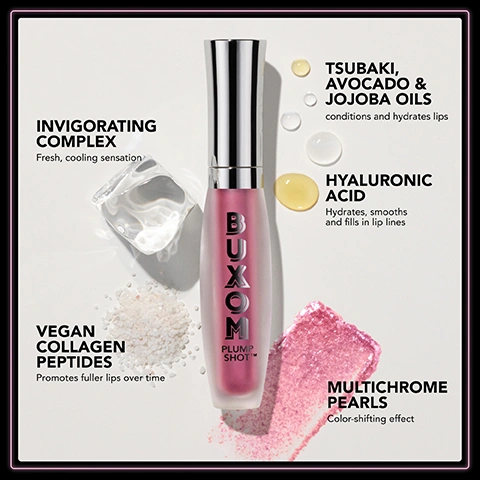 Image 5 - The image shows a Buxom Plump Shot lip gloss tube in frosted pink with a silver cap, surrounded by elements representing its ingredients and effects, with text reading BUXOM PLUMP SHOT, INVIGORATING COMPLEX Fresh, cooling sensation, VEGAN COLLAGEN PEPTIDES Promotes fuller lips over time, TSUBAKI, AVOCADO & JOJOBA OILS conditions and hydrates lips, HYALURONIC ACID Hydrates, smooths and fills in lip lines, and MULTICHROME PEARLS Color-shifting effect.