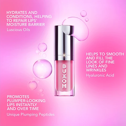 Image 5 - A transparent bottle with a silver cap holds pink liquid and has BUXOM written vertically on it, set against a pink gradient background with floating pink bubbles and a large liquid drop, with additional text reading Hydrates and conditions, helping to repair lips moisture barrier Luscious Oils, Promotes plumper-looking lips instantly and over time Unique Plumping Peptides, and Helps to smooth and fill the look of fine lines and wrinkles Hyaluronic Acid. Image 6 - A pink, fluffy doe foot applicator for lip product is shown against a pink background, with the text Plush, Oversize Doe Foot Effortlessly Applies Hugs Lips For Flawless Application. Image 7 - A stack of Buxom lip gloss tubes in various shades and an open pink Buxom lip gloss with its applicator dripping product are shown against a pink and purple gradient background, with text that reads: +25% FULLER LIPS After 1 week, INSTANTLY PLUMPING WITH ALL-DAY HYDRATION, JUICY, NON-STICKY, MIRROR-LIKE SHINE, *Based on a U.S. clinical study with 32 people.