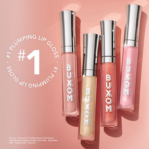 Image 4 - Four Buxom lip gloss tubes in shades of pink, gold, and coral are displayed on a pink background with text reading #1 PLUMPING LIP GLOSS and BUXOM on each tube, and a source note *Source - Circana/U.S. Prestige Beauty Total Department/Specialty, Makeup Product Unit Sales, September 2022 - August 2023 combined.