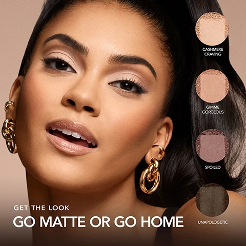 Image 3 - A woman wearing makeup and gold chain-link earrings looks at the viewer, with four circular eyeshadow swatches on the right labeled Cashmere Craving, Gimme Gorgeous, Spoiled, and Unapologetic, and text at the bottom that reads Get The Look Go Matte Or Go Home. Image 4 - A woman with shimmering pink eyeshadow and nude lipstick is featured wearing chained hoop earrings, next to six circular eyeshadow swatches, with the visible text Get the Look Send Nudes, Haute Couture, Mink Magnet, Style Icon, Spoiled, Gimme Gorgeous, and Unapologetic. Image 5 - A woman with auburn hair and smoky eye makeup, wearing a gold earring, is featured with four round eyeshadow swatches on the right, labeled UNAPOLOGETIC, GIMME GORGEOUS, BUBBLY PEARL, and CASHMERE CRAVING, alongside the text GET THE LOOK STUNNING SMOKE. Image 7 - A rose gold Buxom eyeshadow palette with eight neutral shades is open on a background of eyeshadow swatches, showing the text BUXOM FOREVER BABE, TALC-FREE FORMULAS Modern and creamy for beautiful laydown, INFUSED WITH PRIMER For long-lasting, color-true wear, APPLIES WET AND DRY To control opacity and intensity, and MATTE, SHIMMER AND METALLIC Three fab finishes for endless looks. Image 8 - An open eyeshadow palette with eight neutral shades, including browns and nudes, is displayed with its textured lid showing BUXOM FOREVER BABE, and text below reads BESTIE TIPS TRANSFORM EVERY EYESHADOW Use a wet brush to apply as eyeliner or intensify all-over color.