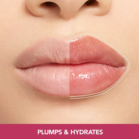 Image 4 - A split image shows the left side of lips appearing dry and light, while the right side appears plump, glossy, and pink with a white outline, above a banner stating PLUMPS & HYDRATES. Image 5 - A pink lip balm stick is displayed next to a yellow sunflower with scattered petals, accompanied by clear liquid drops, a pink liquid splash, and a swipe of white cream on a pink background, with text that reads: SUNFLOWER SEED OIL AND SHEA BUTTER Deeply condition and hydrate for soft, supple lips, ICONIC PLUMPING PEPTIDE COMPLEX Promotes fuller-looking lips instantly and over time, and HYALURONIC ACID FILLING SPHERES Moisturize and smooth the appearance of lip lines. Image 7 - A close-up shows a persons mouth with pink, glossy lips and a pink and white lip balm stick against the lower lip, with text that reads FULL-ON PLUMPING LIP GLOW BALM, Lip-hugging precision, Custom curved bullet, CLINICALLY SHOWN INSTANT PLUMPING AND 24HR HYDRATION, and *based on a US clinical study with 34 participants.