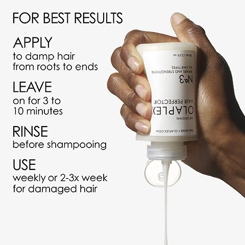 Image 1 - A hand squeezes a white Olaplex N°3 Hair Perfector bottle, from which white product streams out, next to text outlining usage instructions: FOR BEST RESULTS APPLY to damp hair from roots to ends LEAVE on for 3 to 10 minutes RINSE before shampooing USE weekly or 2-3x week for damaged hair, with the bottle label also showing N°3 HAIR PERFECTOR OLAPLEX THE ORIGINAL REPAIRS AND STRENGTHENS ALL HAIR TYPES 100 mL / 3.3 fl. oz. THE HOME OF OLAPLEX.COM. Image 2 - A smiling woman with large, curly brown hair and closed eyes, wearing a black tank top, against a dark background, with the text REBUILDS BROKEN DISULFIDE BONDS, REDUCES BREAKAGE + SPLIT ENDS, PREVENTS FUTURE DAMAGE. Image 3 - A small, light gray bottle of Olaplex No. 3 Hair Perfector with a white creamy smear on a light gray background displays the text A concentrated treatment that repairs and prevents damage IN AS LITTLE AS 3 MINUTES TAKE HOME • OLAPLEX.COM THE ORIGINAL OLAPLEX HAIR PERFECTOR® Nº3 REPAIRS AND STRENGTHENS ALL HAIR TYPES 100 mL / 3.3 fl. oz.