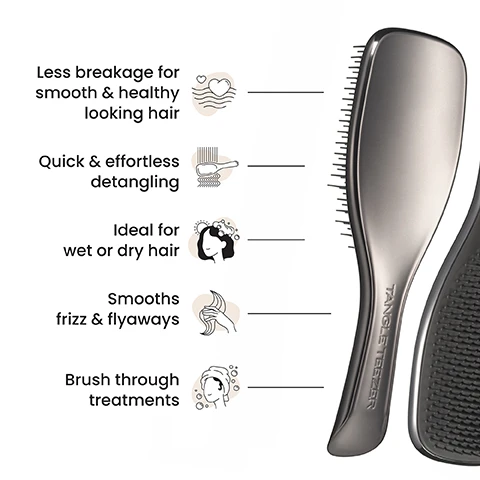 Image 1 - A metallic silver Tangle Teezer hairbrush is displayed next to five bullet points listing its benefits: Less breakage for smooth & healthy looking hair, Quick & effortless detangling, Ideal for wet or dry hair, Smooths frizz & flyaways, and Brush through treatments. Image 2 - A dark grey hairbrush with long and short bristles is shown with annotations explaining its features: Patented two-tiered technology for healthy-looking hair, Regular-flex teeth for straight to curly hair, The long, flexible teeth detangle, remove knots and reduce breakage, The short teeth smooth the hair cuticles for shiny and frizz-free hair. Image 3 - A persons back showing long blonde hair divided into before and after sections, with the before side appearing slightly tangled and the after side looking noticeably smoother and shinier, next to text that states 75% experienced no tugging, pulling or pain when brushing, 80% agree that they have fewer knots and tangles, BEFORE, AFTER, and *120 UK respondents aged 16-40 after 2 weeks (2017). Image 4 - A smiling woman brushes her dark hair with a silver hairbrush, with text that reads Regular-flex teeth for straight to wavy hair. Image 5 - An infographic displays three hairbrush sizes labeled Mini, Regular, and Large, with outlines for the Mini and Large, and a solid black brush for the Regular, each showing dimensions and recommended hair types: Mini is 15.5cm tall and 5.3cm wide for Fine, Straight - Wavy hair; Regular is 21.1cm tall and 6.6cm wide for Fine, Straight - Wavy, Curly - Coily hair, with text For daily detangling; Large is 23.6cm tall and 7.9cm wide for Fine, Straight - Wavy, Thick & Long, and Curly - Coily hair.