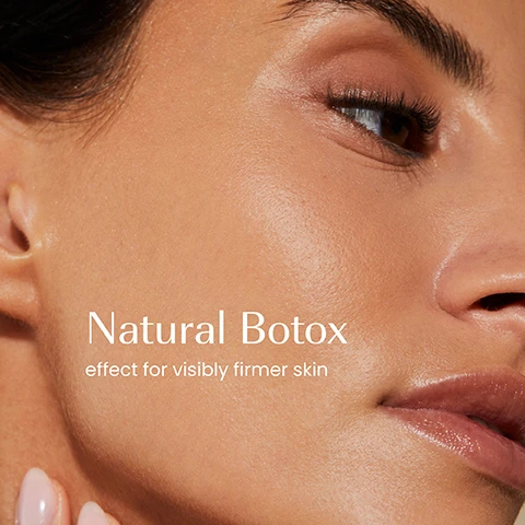 Image 1 - Close-up of a persons face with smooth, clear skin, showing an eye, nose, and lips, with the text Natural Botox effect for visibly firmer skin. Image 2 - A hand holds a dark teal cosmetic jar with a speckled lid, and visible text that reads Smoothes fine lines & wrinkles, Evens skin tone, Plumps, Firms, izil, PRICKLY PEAR & HA REGENERATING CREAM, PLUMP, MOISTURISE & VISIBLY FIRM SKIN, CRÈME RÉGÉNÉRATRICE À LA FIGUE DE BARBARIE & AH, كريم البشرة المتجددة بالتين الشوكي وحمض الهيالورونيك, 10. Image 3 - The image shows two Izil skincare products, Plump Prickly Pear & Oud Rejuvenating Face Serum and Renew Pure Regenerating Prickly Pear Oil, arranged with prickly pears, wheat stalks, and amber stones on a beige background.