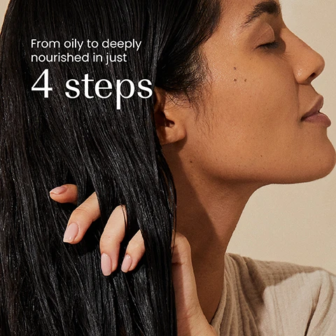 Image 1 - A woman with dark hair, eyes closed, gently touches her hair with her fingers, and text reads From oily to deeply nourished in just 4 steps. Image 2 - A person with dark wet hair holds a pink salt scalp scrub jar on their head, with text on the left reading Strengthens, Exfoliates, Nourishes, Hydrates, and text on the jar reading izil PURIFY PINK SALT DEEP CLEANSE SCALP SCRUB EXFOLIATE, PURIFY & BALANCE SCALP BERGAMOT - TEA TREE - HIMALAYAN PINK SALT and Arabic text.