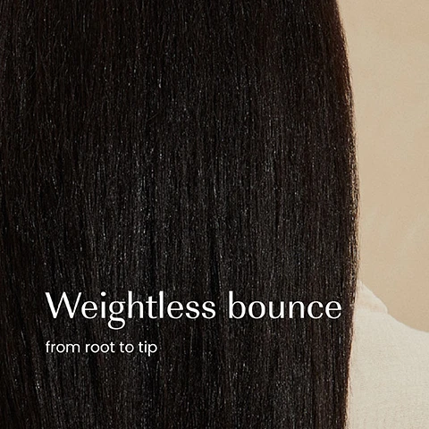 Image 1 - A close-up of dark, straight hair with a light background on the right, displaying the text Weightless bounce from root to tip. Image 2 - A person with wet dark hair is shown from behind holding a beige izil Oil Control Ghassoul Balancing Shampoo bottle, from which white foam spills from the dark blue cap, while a list of benefits appears on the left: Revives damaged hair, Restores softness, Deeply hydrates, Smooths. The bottle label also reads: ABSORB EXCESS OIL ADD VOLUME & REVITALISE HAIR, Ghassoul Clay - Aloe Vera, Peppermint Oil, SHAMPOOING ÉQUILIBRANT SÉBO-RÉGULATEUR AU GHASSOUL, شامبو الغاسول المتحكم في الدهون, OILY HAIR & SCALP.