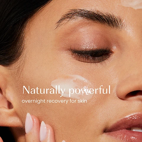 Image 1 - Close-up of a persons face with a dab of skincare cream on the cheek near the closed eye, and part of a hand applying it, with text that reads Naturally powerful overnight recovery for skin. Image 2 - A hand holds a dark green dropper bottle with the text izil PURE REGENERATING PRICKLY PEAR OIL, SMOOTH, FIRM & SOOTHE, a circular logo with the number 10, HUILE RÉGÉNÉRANTE PURE DE FIGUE DE BARBARIE, زيت التين الشوكي تجديد الشباب, ALL SKIN TYPES, and an Ecocert Organic logo, while text on the left side of the image states Evens skin tone, Nourishes, Plumps, Firms. Image 3 - A product shot displays three Izil skincare products in green bottles and jars: Izil Pure Regenerating Prickly Pear Oil, Izil Prickly Pear & Cactus Regenerating Face Serum, and Izil Prickly Pear & Argan Regenerating Cream, arranged with halves of red prickly pear fruit, a wheat stalk, and amber stones, accompanied by the text Renew, Plump, Firm.