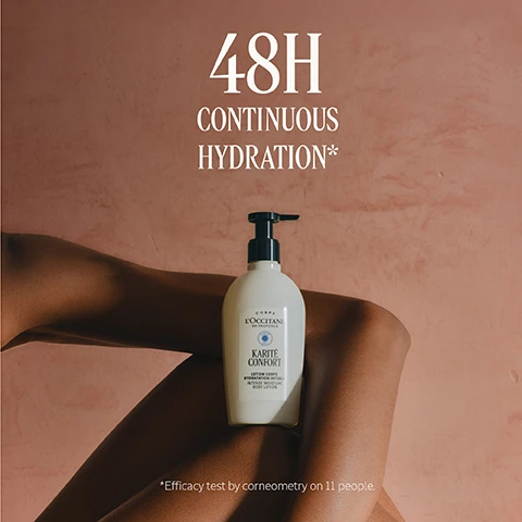 Image 3 - A cream-colored lotion bottle with a black pump dispenser rests on a dark-skinned leg against a textured pink background, with the text 48H CONTINUOUS HYDRATION* CORPS LOCCITANE EN PROVENCE KARITE CONFORT LOTION CORPS HYDRATATION INTENSE INTENSE MOISTURE BODY LOTION *Efficacy test by corneometry on 11 people. Image 4 - A hand holds two smooth brown nuts against a tan background with leaf shadows, next to the text Made with 93% Natural Origin Ingredients.