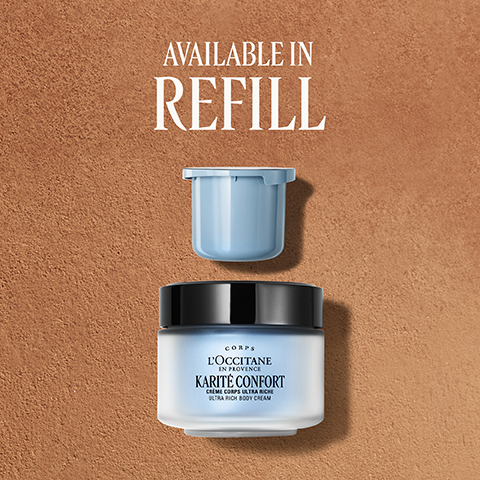 A light blue refill container is shown above an open jar of LOccitane Karité Confort Ultra Rich Body Cream against a textured brown background, with the text AVAILABLE IN REFILL, CORPS, LOCCITANE EN PROVENCE, KARITÉ CONFORT, CRÈME CORPS ULTRA RICHE, ULTRA RICH BODY CREAM.