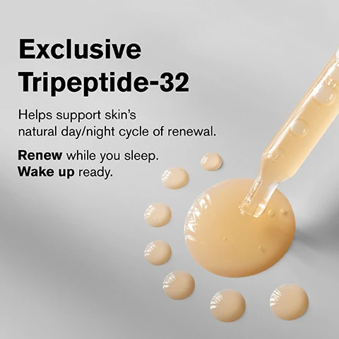 Image 2 - A dropper dispenses a light amber serum onto a gray surface, with multiple drops surrounding it, next to text that reads: Exclusive Tripeptide-32, Helps support skins natural day/night cycle of renewal, Renew while you sleep, Wake up ready. Image 3 - A brown and orange Estee Lauder Advanced Night Repair serum bottle, labeled ESTEE LAUDER Advanced Night Repair Synchronized Multi-Recovery Complex Complexe multi-réparation synchronisée, is shown next to text that lists the products benefits: Advanced Night Repair, 1 serum, 7 benefits: Reduces lines, Firms, Evens tone, Fortifies, Hydrates, Boosts radiance, Soothes. Image 4 - A close-up of a smiling person with dark skin applying a golden serum with a dropper to their cheek, with text overlay stating 89% said skin felt firmer* *Consumer testing on 543 women after 4 weeks of product use., and Estee Lauder visible on the dropper cap.