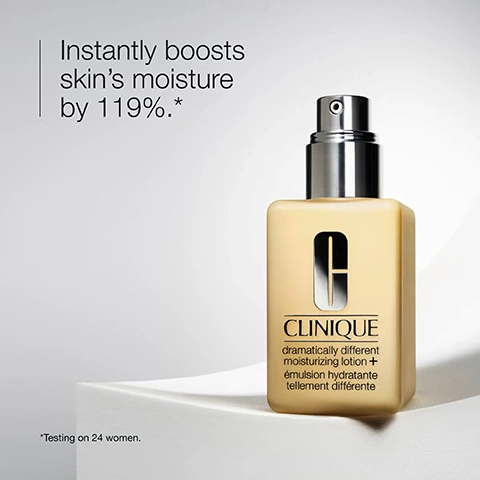 Image 1 - A beige Clinique Dramatically Different Moisturizing Lotion bottle with a silver pump top sits on a white surface, displaying the text CLINIQUE dramatically different moisturizing lotion + émulsion hydratante tellement différente, along with Instantly boosts skins moisture by 119%.* and *Testing on 24 women. Image 2 - The image shows five ingredients in separate dishes with labels: white crystals for Glycerin, a creamy white substance with a spoon for Urea, sunflower seeds for Sunflower seed, barley stalks and grains for Barley, and cucumber slices for Cucumber. Image 3 - A creamy light yellow product texture with icons and text that read hydrate and strengthen. Image 4 - A list on a yellow background shows a product is free of fragrance, drying alcohol, sodium lauryl sulfate, and sodium laureth sulfate. Image 5 - A persons arm with swatches of three different skincare products on the inner wrist: a clear jelly, a milky gel, and a pale yellow lotion, with text labels Dramatically Different Hydrating Jelly, Dramatically Different Moisturizing Gel, and Dramatically Different Moisturizing Lotion+.