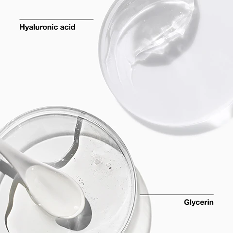 Image 2 - A clear, viscous gel blob is labeled Hyaluronic acid, and another clear, viscous substance in a shallow dish with a spoon is labeled Glycerin, all on a white background. Image 4 - A list titled Free of with six items, each marked with an X: fragrance, gluten, oil, drying alcohol, sodium lauryl sulfate, sodium laureth sulfate.