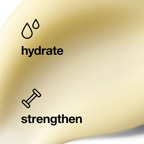 Image 2 - Two sets of black icons and text are displayed on a light yellow background, showing two water droplets above the word hydrate, and a dumbbell above the word strengthen. Image 4 - A persons forearm displays three swatches of skincare products: a clear yellow hydrating jelly, a pale peach moisturizing gel, and a pale yellow moisturizing lotion, labeled Dramatically Different Hydrating Jelly, Dramatically Different Moisturizing Gel, Dramatically Different Moisturizing Lotion+.
