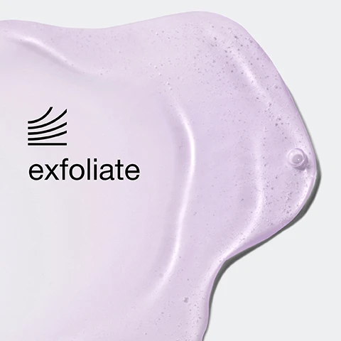 Image 2 - A light purple gel-like substance with small bubbles on a grey background, featuring an icon of three wavy lines and the text exfoliate. Image 3 - A close-up shows a clear bottle with a frosted white top containing purple liquid and the Clinique logo, next to text that reads DERMATOLOGIST-DEVELOPED FORMULA FOR SKIN THAT: Looks smoother. Looks more radiant. With less-noticeable pores for dry combination skin types. Image 4 - The image shows a clear dish with white powder and a light green spatula next to a clear circular surface with witch hazel branches bearing small yellow flowers, with the text Acetyl glucosamine helps balance and smooth skin and Witch hazel helps refine skin.