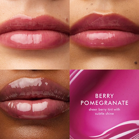 Image 2 - Three close-up images show lips of varying skin tones wearing a glossy berry-pink lip product, alongside a swirl of the product with the text BERRY POMEGRANATE sheer berry tint with subtle shine. Image 3 - A glossy dollop of pink cosmetic product on a light pink background highlights four skincare ingredients: POWERED BY SKINCARE-LEVEL INGREDIENTS ARGAN OIL nourishes to help improve texture, HYALURONIC ACID locks in lasting hydration, ARGAN BUTTER leaves lips soft and pillowy, and PEPTIDES help restore firmness and smoothness. Image 4 - A pink lip balm tube is displayed with fresh raspberries, mint leaves, and pomegranate seeds on a pink background, featuring the text BERRY POMEGRANATE vibrant + juicy and on the tube MOROCCANOIL BERRY POMEGRANATE LIP BALM BAUME À LÈVRES. Image 5 - Two women with radiant skin, one making a kissing face and the other smiling with closed eyes, are against a pink background with text that reads CLINICALLY PROVEN HYDRATION provides up to 24 hours of hydration after 1 application* *Results based on an October 2024 independent lab study by Kosmoscience. Image 6 - A smiling woman with her eyes closed applies pink lip gloss to her lips, while text on the left states WHAT YOULL LOVE, ARGAN-RICH HYDRATION, 94% agreed lips were instantly smoothed*, NON-STICKY SHINE, 91% agreed formula is non-sticky*, *Results based on a November 2024 consumer test by Stamford Consumer Research LLC., and the lip gloss tube reads MOROCCANOIL. Image 7 - The image displays three swatches of lip gloss in clear, rosy nude, and berry fuchsia, with accompanying text: 3 MEDITERRANEAN-INSPIRED FLAVORS. The clear swatch is labeled MOROCCAN MINT TEA sheer formula, refreshing minty flavor. The rosy nude swatch is labeled VANILLA DATE pinky nude tint, warm and sweet flavor. The berry fuchsia swatch is labeled BERRY POMEGRANATE vibrant berry tint, fresh and juicy flavor. Image 8 - A light pink lip balm tube with a slanted silicone tip is shown oozing dark pink balm onto a matching pink surface, with text reading MOROCCANOIL BERRY POMEGRANATE LIP BALM BAUME A LEVRES, Slanted silicone tip for even, precise application, and a recycling icon stating MADE FROM 50% RECYCLED PLASTIC. Image 9 - A light green, beige, and pink tube of Moroccanoil lip balm are displayed on a gradient background, with the visible text THE LIP CARE COLLECTION, Moroccanoil Moroccan Mint Tea Lip Balm Baume A Levres, Moroccanoil Vanilla Date Lip Balm Baume A Levres, Moroccanoil Berry Temptation Lip Balm Baume A Levres, and SKINCARE FOR YOUR LIPS with a Mediterranean twist.