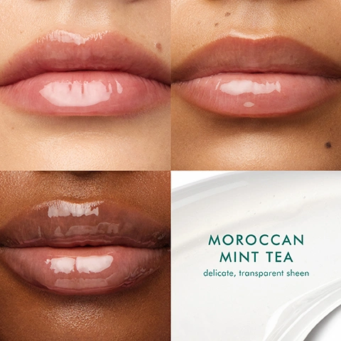 Image 2 - Three models with different skin tones show lips enhanced with a clear, glossy lip product, alongside a white creamy texture with the text Moroccan Mint Tea, delicate, transparent sheen. Image 3 - A clear product swatch on a light green background with ingredient callouts, featuring text Powered by Skincare-Level Ingredients, Argan Oil nourishes to help improve texture, Hyaluronic Acid locks in lasting hydration, Argan Butter leaves lips soft and pillowy, Peptides help restore firmness and smoothness. Image 4 - A light green lip balm tube is surrounded by fresh mint leaves and dried tea leaves on a mint green background, with the text MOROCCAN MINT TEA delicate + refreshing and on the tube MOROCCANOIL MOROCCAN MINT TEA LIP BALM BAUME A LÈVRES. Image 5 - A smiling woman with long brown hair and light green nail polish rests her chin on her hand, looking to the side, with text that reads: CLINICALLY PROVEN HYDRATION provides up to 24 hours of hydration after 1 application* *Results based on an October 2024 independent lab study by Kosmoscience. Image 6 - A woman with light brown hair wearing a green top holds a light green tube labeled MOROCCANOIL near her chin, with text on the right side reading WHAT YOULL LOVE, ARGAN-RICH HYDRATION, 94% agreed lips were instantly smoothed*, NON-STICKY SHINE, 91% agreed formula is non-sticky*, *Results based on a November 2024 consumer test by Stamford Consumer Research LLC. Image 7 - A light green tube of lip balm with a clear slanted silicone tip is shown, from which a wavy stream of clear balm flows onto a matching surface, accompanied by text Slanted silicone tip for even, precise application, MOROCCANOIL MINT TEA LIP BALM BAUME À LÈVRES, and MADE FROM 50% RECYCLED PLASTIC. Image 8 - A soft gradient background displays three swatches of lip product with accompanying text: 3 Mediterranean-Inspired Flavors, Moroccan Mint Tea (sheer formula, refreshing minty flavor) with a clear swatch, Vanilla Date (pinky nude tint, warm and sweet flavor) with a reddish-brown swatch, and Berry Pomegranate (vibrant berry tint, fresh and juicy flavor) with a vibrant fuchsia swatch. Image 9 - Three tubes of Moroccanoil lip care products, a mint green tube, a peach tube with a rollerball applicator, and a pink tube, are arranged on a reflective surface against a soft gradient background, with the visible text THE LIP CARE COLLECTION, MOROCCANOIL MOROCCAN MINT TEA LIP BALM BAUME A LEVRES, MOROCCANOIL VANILLA DATE LIP BALM BAUME A LEVRES, MOROCCANOIL TINTED TREATMENT BERRY LIP BALM BAUME A LEVRES, and SKINCARE FOR YOUR LIPS with a Mediterranean twist.