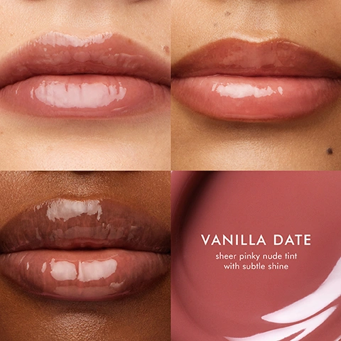 Image 2 - A four-panel image showing close-ups of three different models wearing a glossy, pinky-nude lip product on various skin tones, alongside a swatch of the product with the text Vanilla Date sheer pinky nude tint with subtle shine. Image 3 - A swatch of reddish-brown glossy liquid is displayed with text and icons detailing its ingredients: POWERED BY SKINCARE-LEVEL INGREDIENTS, Argan Oil nourishes to help improve texture, Hyaluronic Acid locks in lasting hydration, Argan Butter leaves lips soft and pillowy, Peptides help restore firmness and smoothness. Image 4 - A light pink background features a Moroccanoil Vanilla Date lip balm tube, a vanilla flower, two vanilla beans, and several dates, one whole and two split open, with the text VANILLA DATE warm + sweet and on the tube MOROCCANOIL VANILLA DATE LIP BALM BAUME À LÈVRES. Image 5 - Two women posing against a pink background, one smiling with closed eyes and the other making a kissy face, with text that reads CLINICALLY PROVEN HYDRATION provides up to 24 hours of hydration after 1 application* *Results based on an October 2024 independent lab study by Kosmoscience. Image 6 - A woman with glossy lips and blush on her cheeks holds a pink tube of lip product, making a kissing face, with text that reads WHAT YOULL LOVE ARGAN-RICH HYDRATION 94% agreed lips were instantly smoothed* NON-STICKY SHINE 91% agreed formula is non-sticky* *Results based on a November 2024 consumer test by Stamford Consumer Research LLC. and MOROCCANOIL visible on the product. Image 7 - The image displays three swatches of lip products on a gradient background: a sheer clear swatch labeled Moroccan Mint Tea sheer formula, refreshing minty flavor, a pinky-nude swatch labeled Vanilla Date pinky nude tint, warm and sweet flavor, and a vibrant berry swatch labeled Berry Pomegranate vibrant berry tint, fresh and juicy flavor, all under the title 3 Mediterranean-Inspired Flavors. Image 8 - A light peach cosmetic tube with a clear slanted silicone tip is tilted, showing a dark pink product oozing out and pooling on a matching background, with the text Slanted silicone tip for even, precise application, MOROCCANOIL, VANILLA DATE, LIP BALM, BAUME A LÈVRES, and MADE FROM 50% RECYCLED PLASTIC. Image 9 - Three Moroccanoil lip care tubes, one mint green, one peach with an applicator, and one pink, are displayed on a reflective surface against a soft pink and green gradient background; visible text reads THE LIP CARE COLLECTION, MOROCCANOIL MOROCCAN MINT TEA LIP BALM BAUME A LEVRES, MOROCCANOIL VANILLA DATE LIP BALM BAUME A LEVRES, MOROCCANOIL BERRY HIBISCUS LIP BALM BAUME A LEVRES, SKINCARE FOR YOUR LIPS, with a Mediterranean twist.