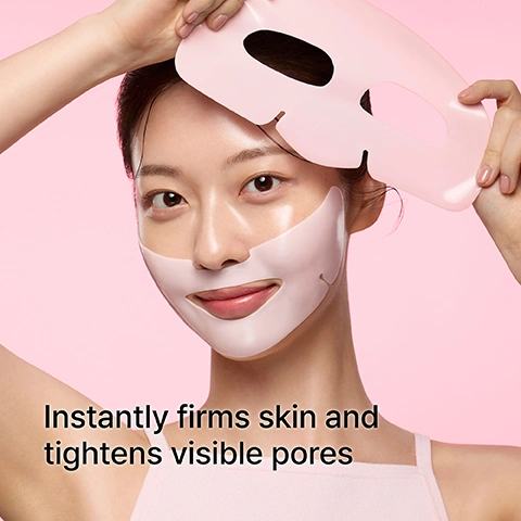 Image 2 - A woman with glowing skin applies a pink facial mask to her lower face while holding the upper part above her head, with text that reads Instantly firms skin and tightens visible pores. Image 3 - A Dr. Jart+ Cryo Rubber Firming Mask package, featuring a pink face mask and an ampoule, is shown against a pink background with text reading Dr.Jart+ Cryo Rubber Firming Mask Masque Raffermissant Adenosine plus Peptide Visible lifts + boosts Glowy hydration Effet lift visible + Hydratation éclat Adenosine plus Peptide 36g / 1.26 oz., alongside instructions Step 1: Ampoule with firming Adenosine and Peptide and Step 2: Rubber mask cools skin. Image 4 - A side-by-side comparison shows a womans face before and after applying a product, with her skin appearing more hydrated and radiant in the after photo, accompanied by text that reads Cryo Rubber™ Firming Mask, Cools, firms, smooths fine lines, Before, and After. Image 5 - A Dr. Jart+ Cryo Rubber Firming Mask product package, featuring a pink rubber face mask and an ampoule, is set against a pink background with abstract shapes and ice cubes, and includes the text 2-step firming mask inspired by Korean cryo facials, Dr. Jart+, Cryo Rubber, Firming Mask Masque Raffermissant, Adenosine plus Peptide, VISIBLY LIFTS + BOOSTS GLOWY HYDRATION, EFFET LIFT VISIBLE + HYDRATATION ÉCLAT, and 4g/0.14 oz. 30g/1.05 oz. Image 6 - Four Dr. Jart+ Cryo Rubber face mask packages, including moisturizing blue, soothing teal, firming yellow, and brightening pink, are shown on a frosty background with the text Instantly cools skin by -5.7°C* and *Testing on 24 women after using mask for 20 minutes.