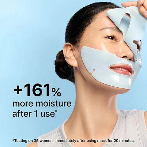 Image 2 - A woman on a light blue background removes a light blue face mask from her face, revealing glowing skin, with the text +161% more moisture after 1 use* *Testing on 35 women, immediately after using mask for 20 minutes. Image 3 - The image displays a swirl of white cream, a silver foil sachet with a blue label, and a small light blue rubber mask on a blue background, with text reading Step 1: Ampoule with hydrating Hyaluronic Acid, Step 2: Rubber mask cools skin, and on the sachet Dr.Jart+ STEP 01 Ampoule Hyaluronic Acid plus Peptide. Image 4 - A split image of a womans face shows a before and after comparison, with the left side showing slightly duller skin and the right side showing more hydrated and radiant skin, accompanied by the text Cryo Rubber™ Moisturizing Mask, Cools and boosts glow, Before, and After. Image 5 - Two Dr. Jart+ Cryo Rubber Moisturizing Mask packages, each featuring a light blue face mask design and a depicted vial, are displayed with a small Hyaluronic Acid plus Peptide packet and a dollop of white cream on a blue surface, with visible text reading 2-step moisturising mask inspired by Korean cryo facials, Dr. Jart+ Cryo Rubber Moisturizing Mask Masque Hydratant, BOOSTS GLOW HYDRATION HYDRATATION ÉCLAT, Hyaluronic Acid plus Peptide, and 4g / 0.14 oz. + 36g / 1.26 oz. Image 6 - Four Dr. Jart+ Cryo Rubber face mask packages in blue, teal, yellow, and pink stand amidst cold vapor, with text that reads Instantly cools skin by -5.7°C* including Dr.Jart+ Cryo Rubber Moisturizing Mask Hyaluronic Acid plus Peptide, Soothing Mask Allantoin plus Peptide, Firming Mask Niacinamide plus Peptide, and a pink Firming Mask with Add-on Ampoule Plus Peptide, *Testing on 24 women after using mask for 20 minutes.