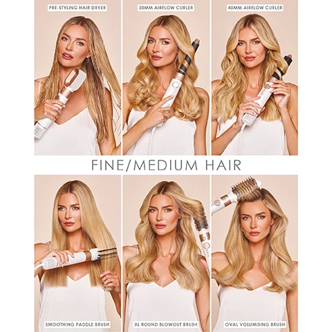 Image 1 - A blonde woman demonstrates six different hair styling tools and their results, labeled FINE/MEDIUM HAIR, PRE-STYLING HAIR DRYER, 30MM AIRFLOW CURLER, 40MM AIRFLOW CURLER, SMOOTHING PADDLE BRUSH, XL ROUND BLOWOUT BRUSH, and OVAL VOLUMISING BRUSH. Image 2 - A woman demonstrates six different hair styling tools and their effects, with text labels for each: PRE-STYLING HAIR DRYER, 30MM AIRFLOW CURLER, 40MM AIRFLOW CURLER, SMOOTHING PADDLE BRUSH, XL ROUND BLOWOUT BRUSH, and OVAL VOLUMISING BRUSH, plus the text HAIR EXTENSIONS. Image 3 - A woman with thick or coarse hair demonstrates six different styling attachments: a pre-styling hair dryer, a 30mm airflow curler, a 40mm airflow curler, a smoothing paddle brush, an XL round blowout brush, and an oval volumising brush.