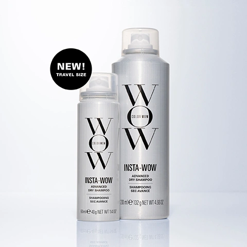 Image 1 - Two silver spray cans of Color Wow Insta-Wow Advanced Dry Shampoo are shown, a smaller travel size and a larger standard size, with text that reads NEW! TRAVEL SIZE WOW COLOR WOW INSTA-WOW ADVANCED DRY SHAMPOO SHAMPOOING SEC AVANCE 60ml e 40g NET WT 1.4 OZ and 200ml e 132g NET WT 4.66 OZ. Image 2 - A white Color Wow Insta-Wow Advanced Dry Shampoo spray can is depicted on a white background, accompanied by text promoting its features as SWEAT. SPRAY. SLAY. #1 GYM BAG ESSENTIAL, including benefits like Shampoo-grade technology cleans like a real shampoo, No clumping, powdery residues or gritty texture, Wont clog follicles + helps prevent scalp flaking, and Deodorising formula helps prevent odour absorption, while the can itself displays WOW, COLOR WOW, INSTA-WOW, ADVANCED DRY SHAMPOO, SHAMPOOING SEC AVANCÉ, 50ml e 50g NET WT 1.7 OZ. Image 3 - A before and after comparison of a woman with blonde hair, showing her hair transform from a warmer, slightly duller blonde with visible dark roots to a brighter, cooler-toned blonde with full coverage. BEFORE AFTER. Image 4 - The image shows a visual comparison of six dark hair swatches, with the top left swatch labeled Insta-WOW displaying minimal white residue, while five competitor products (A, B, C, D, E) on the other swatches show progressively more visible white residue, accompanied by the text: INSTA-WOW vs TYPICAL DRY SHAMPOO Insta-WOW non-dulling, less whitening* INSTA-WOW Competitor A Competitor B Competitor C Competitor D Competitor E Tresses sprayed from a distance of 12 centimetres for 3 seconds, let sit for 15 seconds. *Independent lab test. Image 5 - Close-up comparison of a persons dark hair parted down the middle, with the top image labeled BEFORE showing a wider part and the bottom image labeled AFTER showing a narrower, fuller part. Image 6 - A silver spray can for Color Wow Insta-Wow Advanced Dry Shampoo is shown on a white background, with text on the can reading 60ml e 50g NET WT 1.77 OZ, and surrounding icons indicating it is Talc-free, Gluten-free, Cruelty-free, Silicone-free, Sulphate-free, and Vegan.