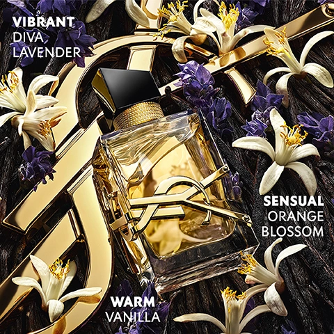 Image 1 - A gold YSL perfume bottle with a black cap, featuring the brands logo, is positioned on a dark background of vanilla pods, surrounded by purple lavender flowers and white orange blossoms, with text reading Vibrant Diva Lavender, Sensual Orange Blossom, and Warm Vanilla. Image 2 - A collage features three women with diverse complexions wearing YSL Loveshine lipstick with glossy pink lips, along with product shots showing the YSL Loveshine lipstick and a swatch, displaying text YSL LOVESHINE SHADE 44 NUDE LAVALLIERE and the YSL logo. Image 3 - A YSL lipstick in a silver tube with a fuchsia pink band and nude shade lipstick, next to pomegranate seeds, with text stating UP TO 24H* MOISTURE FEEL, POMEGRANATE FROM YSL OURIKA COMMUNITY GARDENS, HYALURONIC ACID & VITAMIN E, and *CONSUMER TEST, 65 WOMEN.