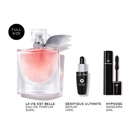 Image 1 - A Lancôme beauty product display features a clear perfume bottle with pink liquid and a grey ribbon, a black serum bottle with a dropper, and a black mascara tube with the wand extended, all on a white background, with text that reads FULL SIZE, LA VIE EST BELLE EAU DE PARFUM 50ML, LANCÔME GÉNIFIQUE ULTIMATE SERUM 10ML, and HYPNÔSE MASCARA 2ML. Image 2 - A perfume bottle with pink liquid and a silver glittery ribbon is nestled among white iris flowers, dark vanilla beans, and green patchouli leaves, with overlaying text that reads Sweet Vanilla, Earthy Patchouli, White Iris, and Add Product Name. Image 3 - A pink gift box with colorful embossed whimsical patterns including hearts, flowers, and an Eiffel Tower sits in a grassy field with white daisies next to a pink perfume bottle with a silver glitter bow, with text Our First Tasty Iris Fragrance, Lancôme Paris x Barbara Cox, La Vie Est Belle, Happiness, and La Vie Est Belle Eau de Parfum. Image 4 - A black and silver Lancôme Génifique Ultimate serum bottle with a dropper dispensing a drop of product, set against a blue background, displays the text Génifique Ultimate, Ultimate Repair, Reverses Visible Skin Damages*, and *Appearance of fine lines and wrinkles, smoothness & skin quality. Image 5 - A black Lancôme Hypnôse mascara tube and wand are displayed on a background of black mascara brushstrokes, with a golden Lancôme rose emblem, alongside text that reads: 91% SAW THIS MASCARA LEAVE LASHES FEELING SUPPLE* 89% SAW A PRECISE MAKEUP RESULT* 79% SAW A MORE INTENSE LOOK TO THE EYES* *CONSUMER TEST ON A PANEL OF 58 WOMAN. Image 6 - A persons hands are shown, one holding an upside-down pink perfume refill bottle dispensing liquid into a square perfume bottle held by the other hand, with the text AVAILABLE REFILLABLE FORMAT above and La vie est belle on the refill bottle. Image 7 - Three Lancôme La Vie Est Belle perfume bottles and two decorative pink and gold boxes featuring colorful doodles are displayed on green grass with white daisies, with visible text LA VIE EST BELLE COLLECTION, LANCÔME PARIS x Barbara Cox, LA VIE EST BELLE, SMILE, HAPPINESS, LORIGINAL EAU DE PARFUM, NEW VANILLE NUDE, La Vie, LELIXIR EAU DE PARFUM, and est belle. Image 8 - A vibrant outdoor display of Lancôme beauty products on green grass with decorative pink boxes under a blue sky features a Lash Idôle Flutter Extension mascara, a La Vie Est Belle EDP perfume bottle, and a Rénergie H.C.F. Triple Serum bottle, with visible text reading Discover Our Best Sellers, Lash Idôle Flutter Extension, La Vie Est Belle EDP, Lancôme Barbara Cox, La vie est belle, and Rénergie H.C.F. Triple Serum Hyaluronic Acid - C3amonamide - Ferulic Acid.