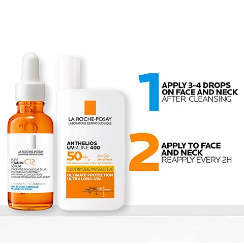 Image 10 - A hand applies white cream to an arm, next to text that reads Apply generously to face before sun exposure Re-apply frequently & generously to maintain protection. Image 2 - The image displays a La Roche-Posay Pure Vitamin C10 Serum in an orange dropper bottle and a La Roche-Posay Anthelios UVMUNE 400 SPF 50+ sunscreen in a white bottle, with text on the serum bottle reading LA ROCHE-POSAY LABORATOIRE DERMATOLOGIQUE PURE VITAMIN C10 SERUM CONCENTRÉ RÉNOVATEUR ÉCLAT ANTI-RIDES ANTI-OXYDANT RADIANCE RENOVATING ANTI-OXIDANT CONCENTRATE AVEC DE LEAU THERMALE DE LA ROCHE-POSAY; text on the sunscreen bottle reading LA ROCHE-POSAY LABORATOIRE DERMATOLOGIQUE ANTHELIOS UVMUNE 400 50+ of SPF Très haute protection / Very high protection UVA + UVB + ANTI-OXYDANT FLUIDE INVISIBLE / INVISIBLE FLUID ULTIMATE PROTECTION ULTRA LONG-UVA UVH, UVA, UVB, Long UVA arrows pointing down; and usage instructions stating 1 APPLY 3-4 DROPS ON FACE AND NECK AFTER CLEANSING 2 APPLY TO FACE AND NECK REAPPLY EVERY 2H. Image 3 - A La Roche-Posay Pure Vitamin C12 serum bottle stands centrally, framed by three sets of before D0 and after D56 close-up skin images demonstrating reduced wrinkles and improved texture. The visible text reads PURE VITAMIN C12, BEFORE, AFTER, LA ROCHE-POSAY LABORATOIRE DERMATOLOGIQUE, PURE VITAMIN C12 SERUM CONCENTRÉ RÉNOVATEUR ÉCLAT ANTI-RIDES ANTI-OXYDANT ANTI-WRINKLE CONCENTRATE RADIANCE RENOVATING ANTI-OXIDANT, PURE VITAMIN C NEUROSENSINE AVEC DE LEAU THERMALE DE LA ROCHE-POSAY, and *MEAN CASE AFTER APPLYING THE PURE VITAMIN C12 SERUM UNDER NORMAL CONDITIONS OF USE DURING 56 DAYS. VISUALIZATIONS OF SKIN TEXTURE OR WRINKLES EVOLUTION. Image 4 - A La Roche-Posay Pure Vitamin C12 Serum in an orange bottle with a white dropper is displayed, with accompanying text reading NEW FORMULA NOW WITH 12% PURE VITAMIN C, 93% OF WOMEN SEE AN IMPROVEMENT IN RADIANCE, 71% OF WOMEN SEE AN IMPROVEMENT OF SKIN TONE EVENNESS. Image 5 - The image displays three vertical panels, each detailing a skincare ingredient: the first panel features an orange and brown fractal pattern with the text Pure Vit. C known for its antioxidant and anti-aging properties; the second panel shows a light blue crystalline structure with the text Salicylic Acid known for its effective properties to refine/smooth skin texture; the third panel presents various blue spheres and bubbles with the text Neurosensine a peptide: a combination of 2 amino acids. Image 6 - An orange dropper bottle of La Roche-Posay Pure Vitamin C12 Serum is displayed against a background of five different skin tones, with overlay text that reads PURE VITAMIN C12 SERUM FOR ALL SKIN TONES, and text on the bottle label that reads LA ROCHE-POSAY LABORATOIRE DERMATOLOGIQUE PURE VITAMIN C12 SERUM CONCENTRÉ RENOVATEUR ÉCLAT ANTI-RIDES ANTI-OXYDANT ANTI-WRINKLE CONCENTRATE RADIANCE RENOVATING. ANTI-OXIDANT PURE VITAMIN C. NEUROSENSINE AVEC DE LEAU THERMALE DE LA ROCHE-POSAY. Image 7 - A white La Roche-Posay Anthelios UVmune 400 sunscreen bottle is shown against a background of various skin tones, with the superimposed text Anthelios UVmune 400 Tested On All Phototypes, and text on the bottle reading La Roche-Posay Laboratoire Dermatologique, Anthelios UVmune 400, 50+ SPF, UVA UVB, Anti-Oxydant, Très haute protection / Very high protection, Fluide Invisible / Invisible Fluid, Ultimate Protection Ultra Long-UVA. Image 8 - A white blob of cream or sunscreen with two small droplets on a white background, accompanied by text that reads ULTRA RESISTANT TO SAND, WATER AND SWEAT, NON-STICKY NON-GREASY NO WHITE MARKS, and VERY HIGH PROTECTION NON-EYE STINGING. Image 9 - An infographic showing three circular magnified elements: orange droplets representing ULTRA RESISTANT PROTECTION, blue bubbles representing THERMAL WATER PREBIOTIC WATER, and a yellow honeycomb structure representing MEXORYL 400 SUN FILTER.
