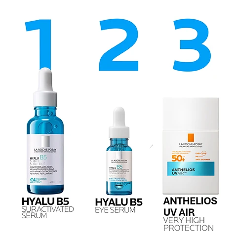 Image 10 - A layered diagram on a light blue background illustrates the UV Air technology with various components and benefits, featuring text that reads: TEXTURE POWERED BY UV AIR™ TECHNOLOGY UV PROTECTION FEELS LIKE AIR, ZERO-GRAM FEEL AIR PHASE LIGHTWEIGHT HELPS CONTROL OILINESS FOR UP TO 16H*, DAILY SUN PROTECTION UVA / UVB ANTI POLLUTION, SERUM INFUSED WITH HYALURONIC ACID + NIACINAMIDE UP TO 24H HYDRATION**, *SELF-ASSESSMENT, 97 SUBJECTS, **INSTRUMENTAL TEST, 30 SUBJECTS. Image 11 - An image showing a white La Roche-Posay sunscreen bottle against a background of various skin tones, with text ANTHELIOS UVAIR™ DAILY SPF50+ TESTED ON ALL PHOTOTYPES and on the bottle LA ROCHE-POSAY LABORATOIRE DERMATOLOGIQUE Très haute protection Very high protection 50+ spf UVB + (UVA) PA++++ ANTI-OXYDANT ANTHELIOS UVAIR™. Image 12 - A close-up of a womans face with a white product applied to her cheek, accompanied by text descriptions: BREATHABLE & ULTRA LIGHTWEIGHT TEXTURE, FRESH & CLEAN FINISH, FAST ABSORBING. Image 2 - The image shows three La Roche-Posay skincare products: a large blue number 1 above a blue dropper bottle labeled Hyalu B5 Suractivated Serum; a large blue number 2 above a smaller blue dropper bottle labeled Hyalu B5 Eye Serum; and a large blue number 3 above a white rectangular bottle labeled Anthelios UV Air Very High Protection. Image 3 - A blue glass dropper bottle of La Roche-Posay Hyalu B5 serum is featured on a blue background, with overlaying text that reads 1H REPAIR & REPLUMP, 1 WEEK WRINKLE CORRECTION, LA ROCHE-POSAY LABORATOIRE DERMATOLOGIQUE, HYALU B5 SERUM SURACTIVE CONCENTRÉ ANTI-RIDES RÉPARATEUR REPULPANT ANTI-WRINKLE CONCENTRATE REPAIRING REPLUMPING, 4 HYALURONIC ACID SYSTEM + VITAMIN B5, * Instrumental test, 24 subjects, ** Clinical study, 40 subjects, *** Clinical study, 62 subjects. Image 4 - An image split into two sections, the left side showing dark blue liquid with light blue interconnected cellular structures, and the right side showing dark teal liquid with wispy light teal luminous streaks. Text on the left reads HYALURONIC ACID and HELPS RETAIN SKIN MOISTURE, REPLUMP SKIN AND CORRECT WRINKLES. Text on the right reads VITAMIN B5 and HELPS TO REPAIR THE SKIN BARRIER. Image 5 - A blue serum bottle with a white dropper cap and label sits on a reflective surface against a blue background, displaying the text: LA ROCHE-POSAY LABORATOIRE DERMATOLOGIQUE HYALU B5 SERUM SURACTIVE CONCENTRE ANTI-RIDES REPARATEUR REPULPANT ANTI-WRINKLE CONCENTRATE REPAIRING REPLUMPING 4 HYALURONIC ACID SYSTEM + VITAMIN B5 30 ml e 1 fl.oz. 76% AGREE SKIN LOOKS MORE PLUMPED* AFTER 1ST USE 85% AGREE FINE LINES LOOK REDUCED* AFTER 7 DAYS 98% AGREE SKIN FEELS SMOOTHER* AFTER 1 MONTH *Self Assessment, 85 subjects. Image 6 - A close-up of a persons dark skin face with a finger gently touching their cheek and drops of serum, accompanied by text Fresh and Fast-Absorbing Light Water Serum, Instant Lifting Effect, and Wrinkle Correction Repair & Replump. Image 7 - A hand presses the dropper of a blue serum bottle with a white label; text reads APPLY 3-4 DROPS ON FACE AND NECK IN THE MORNING AND EVENING, and the bottle label displays LA ROCHE-POSAY LABORATOIRE DERMATOLOGIQUE HYALU B5 SERUM REPAIRING REPLUMPING ANTI-AGING ANTI-WRINKLE CONCENTRATED SERUM WITH HYALURONIC ACID VITAMIN B5 MADECASSOSIDE 24H HYDRATION DERMATOLOGICALLY TESTED. Image 8 - A blue dropper bottle of La Roche-Posay Hyalu B5 serum is displayed against a background of five skin tone swatches, with text that reads HYALU B5 SURACTIVATED SERUM, SUITABLE FOR ALL SKIN TYPES, and on the bottle LA ROCHE-POSAY LABORATOIRE DERMATOLOGIQUE HYALU B5 SERUM SURACTIVE CONCENTRE ANTI-RIDES REPARATEUR REPLUMPANT ANTI-WRINKLE CONCENTRATE REPAIRING REPLUMPING 4X HYALURONIC ACID SYSTEM + VITAMIN B5. Image 9 - A white La Roche-Posay Anthelios UVMune 400 SPF 50+ sunscreen bottle stands with its cap floating above it against a blue and white gradient background, accompanied by text that reads: 9/10 NON-DAILY SPF USERS WOULD CONVERT*, 91% OF NON-USERS AGREE ITS THE BEST SUNSCREEN THEY HAVE EVER TRIED*, 96% AGREE ITS EASY TO APPLY**, 92% AGREE IT FEELS WEIGHTLESS ON THE SKIN**, *Self-assessment, 97 subjects who dont wear SPF Daily, **Self-assessment, 97 subjects, and on the bottle: LA ROCHE-POSAY LABORATOIRE DERMATOLOGIQUE TRÈS HAUTE PROTECTION VERY HIGH PROTECTION UVB + UVA SPF 50+ PA++++ PPD 46 ANTI-OXYDANT ANTI-OXIDANT ANTHELIOS UVMUNE 400 FLUIDE INVISIBLE INVISIBLE FLUID.