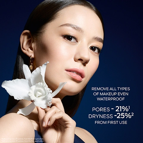 Image 1 - A woman with dark hair holds a white orchid flower to her cheek, with text overlay that reads REMOVE ALL TYPES OF MAKEUP EVEN WATERPROOF PORES - 21%¹ DRYNESS -25%² FROM FIRST USE. Image 2 - A dark blue and gold skincare tube covered in water droplets stands against large white orchid petals with water, displaying the text Orchidée Impériale La Gelée DHuile The Oil In Gel Guerlain Paris Orchidée Impériale and 40% Skincare Oil. Image 3 - A glowing golden oil droplet sits among soft, light orchid petals with the text HIGH-NUTRITION ORCHID OLEO-CONCENTRATE: 90% OLEO-ACIDS¹ and In vitro test on ingredient. Image 4 - A white orchid flower with its roots is encased in a stylized liquid or glass structure, from which a single glowing drop drips, with the text Orchid Totum™ Molecular Extract below. Image 5 - Three dark blue and gold Guerlain Orchidée Impériale skincare products, including a gel tube, a foam tube, and a cream jar with product visible, are displayed with water droplets on a reflective surface against a blue and white textured background, with text that reads ORCHIDÉE IMPÉRIALE, LA GELÉE DHUILE, THE OIL IN GEL, GUERLAIN PARIS, LA MOUSSE EN CRÈME, THE FOAM IN CREAM, THE CREAM. Image 6 - Misty forested mountains shrouded in fog with text that reads Guerlain is actively committed to protecting orchids and regenerating their natural habitat. Tianzi Reserve for Biodiversity.