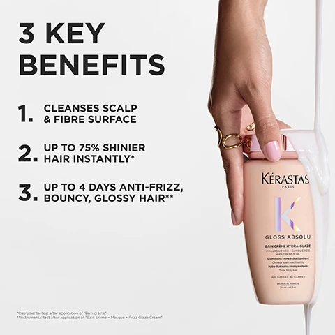 Image 2 - A hand with pink nails and gold rings holds a light peach-colored Kérastase Gloss Absolu shampoo bottle from which white product spills, displayed on a white background; visible text includes 3 KEY BENEFITS: 1. CLEANSES SCALP & FIBRE SURFACE, 2. UP TO 75% SHINIER HAIR INSTANTLY*, 3. UP TO 4 DAYS ANTI-FRIZZ, BOUNCY, GLOSSY HAIR**; the shampoo bottle reads KÉRASTASE PARIS GLOSS ABSOLU BAIN CRÈME HYDRA-GLAZE HYALURONIC ACID + GLYCOLIC ACID + WILD ROSE IN OIL Shampooing crème hydra-illuminant Cheveux épais avec frisottis Hydra-illuminating creamy shampoo Thick, frizzy hair SANS SULFATES - NO SULFATES* RECHERCHE AVANCÉE 250 ml 8.45 fl.oz.; and at the bottom, *Instrumental test after application of Bain crème **Instrumental test after application of Bain crème + Masque + Frizz Glaze Cream. Image 3 - A split image shows a persons dark brown hair from the back, comparing a BEFORE state of frizzy, dull hair with an AFTER state of smooth, shiny, well-defined waves, and includes the visible text BEFORE, AFTER, and *Illustration of the contemplated results obtained after applying the products Gloss Absolu Bain Creme Hydra-Glaze, Insta Glaze, Masque Crème Hydra-Glaze Cream, Frizz-Glaze Cream, Glaze Drops. Image 4 - A light grey background with a dollop of white cream on the right and black text on the left that reads CREAMY TEXTURE BAIN CRÈME HYDRA-GLAZE. Image 5 - Three test tubes display different liquids, one with clear fluid and black elements, another with pink bubbling fluid and a dropper above it, and a third with yellow fluid containing large pink bubbles, next to the text INGREDIENTS Hyaluronic Acid, Glycolic Acid, Wild Rose In Oil. Image 6 - Three light pink Kérastase Gloss Absolu hair products—a shampoo, a mask, and a pump cream bottle—are displayed with soft pink and white flowers on clear stands, featuring prominent text that reads GLOSS ABSOLU, UP TO 4 DAYS GLOSSY HAIR*, MESMERISING SCENT, UP TO 4 DAYS ANTI-FRIZZ*, and a note: Instrumental test after application of Bain crème + masque + Frizz Glaze cream. Image 7 - A peachy-pink Kérastase Gloss Absolu shampoo bottle with a rose gold cap and light pink cosmos flowers is presented on a white background, featuring the visible text HOW TO USE FOR THE BEST RESULT ? 1. APPLY ON WET HAIR 2. MASSAGE AND EMULSIFY 3. RINSE THOROUGHLY, and on the bottle, KÉRASTASE PARIS GLOSS ABSOLU BAIN CRÈME HYDRA-GLAZE HYALURONIC ACID + GLYCOLIC ACID + WILD ROSE IN OIL Shampooing crème hydra-illuminant Cheveux épais avec frisottis Hydra-illuminating creamy shampoo Thick, frizzy hair SANS SULFATES – NO SULFATES* RECHERCHE AVANCÉE 250 ml 8.45 fl.oz.