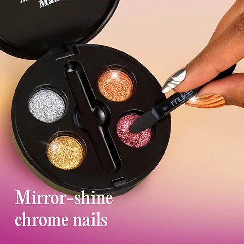Image 1 - A hand with metallic chrome nails holds an applicator labeled mylee, dipping it into a rose gold pot from a black circular palette containing silver, gold, rose gold, and bronze nail powders, with the text Mirror-shine chrome nails at the bottom left. Image 2 - A hand with dark skin displays stiletto-shaped metallic nails with a textured finish in gold, bronze, rose gold, and silver, alongside the text Chip-free and fade-resistant FOR UP TO 3 WEEKS. Image 3 - The image displays a four-step guide for applying gel nails with chrome, titled Step-by-step, showing illustrations for each step with corresponding text: 01 PREP File nails to shape and use a Mylee Buffing Block* to help gently remove shine from the nail plate. Wipe your nails with a dash of Mylee 2-in-1 Nail Prep & Wipe* on a Mylee Lint Free Wipe* to remove any oils. If youre prone to lifting, apply the Mylee Dehydrator* followed by the Mylee Acid-Free Primer*. 02 BASE Apply a thin layer of your chosen Mylee Base Coat* and cure for 60 seconds using a Mylee LED Lamp*. For bold results, apply a black base like Mylee Witching Hour Gel Polish*, or experiment with other shades like purples and pinks for a twist, before curing. Repeat to build up colour if needed. 03 TOP COAT & CHROME Apply a layer of Mylee No Wipe Top Coat* and cure for 60 seconds. Using the applicator, gently buff your chosen chrome pigment onto the nail until you achieve a mirror finish. After applying the pigment, use a nail file to lightly buff around the free edge of each nail. This removes excess pigment, helps the top coat adhere better, and prevents lifting. 04 FINISH Seal the deal with a Mylee Top Coat* and cure for 60 seconds. If using the regular Mylee Top Coat, remove the tacky layer with 2-in-1 Nail Prep & Wipe on a Lint Free Wipe. Alternatively, skip this step and use a Mylee No-Wipe Top Coat!* Wash your hands, apply Mylee Nail & Cuticle Oil*, moisturise, and enjoy your salon-quality mani for up to 3 weeks! The image also includes the note *Product sold separately. Image 4 - A finger with a shimmering gold chrome nail is shown, with an orange circular line and four red dots pointing to text describing features: Mirror-shine chrome nails, Chip-free and fade-resistant for up to 3 weeks, Non-toxic formula, Seals with a Top Coat in 60 seconds. Image 5 - An open black compact contains four glitter nail polishes in silver, gold, copper, and pink, with a hand applying silver polish to a nail using an applicator labeled mylee, while the compact lid states For Metropolitan Manis, and icons on the left highlight CRUELTY-FREE, VEGAN, and PROFESSIONAL RESULTS.