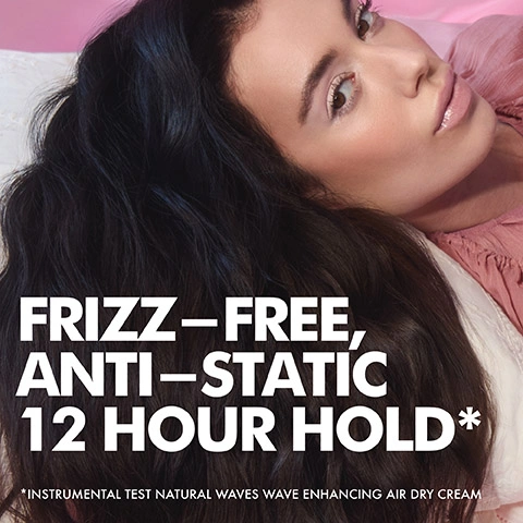 Image 3 - A woman with long, dark wavy hair lies on a pillow looking upwards, with the text FRIZZ-FREE, ANTI-STATIC 12 HOUR HOLD* *INSTRUMENTAL TEST NATURAL WAVES WAVE ENHANCING AIR DRY CREAM. Image 4 - A woman with long dark hair is shown in a before and after comparison, with frizzy hair and a neutral expression on the left marked BEFORE, and smooth, wavy, shiny hair with a broad smile on the right marked AFTER. Image 5 - A dollop of light yellow cream is shown on a white background with a pink arrow pointing towards it, alongside text that reads RICE PROTEIN & CHIA SEED EXTRACT Deliver weightless moisture, gentle shaping, and effortless shine* * Instrumental test Natural Waves Wave Enhancing Air Dry Cream. Image 6 - Pink Umberto Giannini hair products, including shampoo, conditioner, gel, styling spray, and mousse from the Dreamy Waves line, are displayed on a lavender background above text that asks Does my hair need Dreamy Waves? Yes, if your waves love: Hydrated definition Smooth Glossy finish Lightweight Styling. Image 7 - A hair care routine diagram is shown on a swirling beige background with the text HOW TO USE, PRE-WASH, WASH, CONDITION, POST-WASH, STYLE, and Smooth through wet hair section by section after conditioning. Twirl, scrunch or roller / wrap hair to style and set into waves. Leave to air dry. Image 8 - Three pink wavy lines representing hair textures on a light pink background, with the text Suitable for Type 2 Waves. Image 9 - The image displays five pink Umberto Giannini hair products arranged to illustrate a routine, with the top text stating FOR NATURAL WAVES; the products are labeled 1 through 5, including Dreamy Waves Shampoo (1) and Dreamy Waves Conditioner (2) for Wash & Condition, followed by Natural Waves Wave Enhancing Air Dry Cream (3), Wavy Whip Wave Enhancing Styling Mousse (4), and Glaze Wave (5) for Style, and a concluding text that reads You can always add your favourite curl jelly to any routine for extra hold and definition.