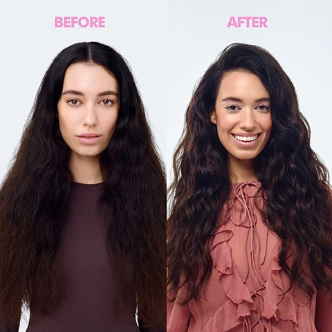 Image 3 - A split image shows a woman with frizzy dark hair and a neutral expression on the left, labeled BEFORE, and the same woman with smooth, defined wavy dark hair and a smiling expression on the right, labeled AFTER. Image 4 - A smiling woman with dark wavy hair holds a pink Olaplex Thick-It Volumizing Mousse can, squeezing white foam into her other hand, with the overlay text Full-Bodied, Sculpted Waves with No Crunch. Image 5 - The image shows three pink wavy lines illustrating different wave patterns on a light background, with the text Suitable for Type 2 Waves. Image 6 - A flat lay shows various pink Umberto Giannini hair products, specifically tubes of Dreamy Waves shampoo and conditioner, a spray bottle of Dreamy Waves leave-in treatment, and a bottle of Wave Whip mousse on a light purple background, with text below on a light pink background asking DOES MY HAIR NEED DREAMY WAVES? Yes, if your waves love: Hydrated definition, Smooth Glossy finish, Lightweight Styling. Image 7 - A diagram on a pink background illustrates five steps for using a product, labeled PRE-WASH, WASH, CONDITION, POST-WASH, and STYLE, with STYLE highlighted, followed by instructions Shake well before use. Squirt a golf ball size of mousse into your palm and squish between your hands. Image 8 - A pink background displays five Umberto Giannini hair products for waves, labeled FOR NATURAL WAVES, including Dreamy Waves Sulphate & Chia Seed Gentle Enhancing Shampoo, Dreamy Waves Sulphate & Chia Seed Curl Enhancing Conditioner, Natural Waves Wave Enhancing Air Dry Cream, Wavy Whip Wave Enhancing Styling Mousse, and Glazed Waves, with categories WASH & CONDITION and STYLE, and a note stating YOU CAN ALWAYS ADD YOUR FAVOURITE CURL JELLY TO ANY ROUTINE FOR EXTRA HOLD AND DEFINITION.